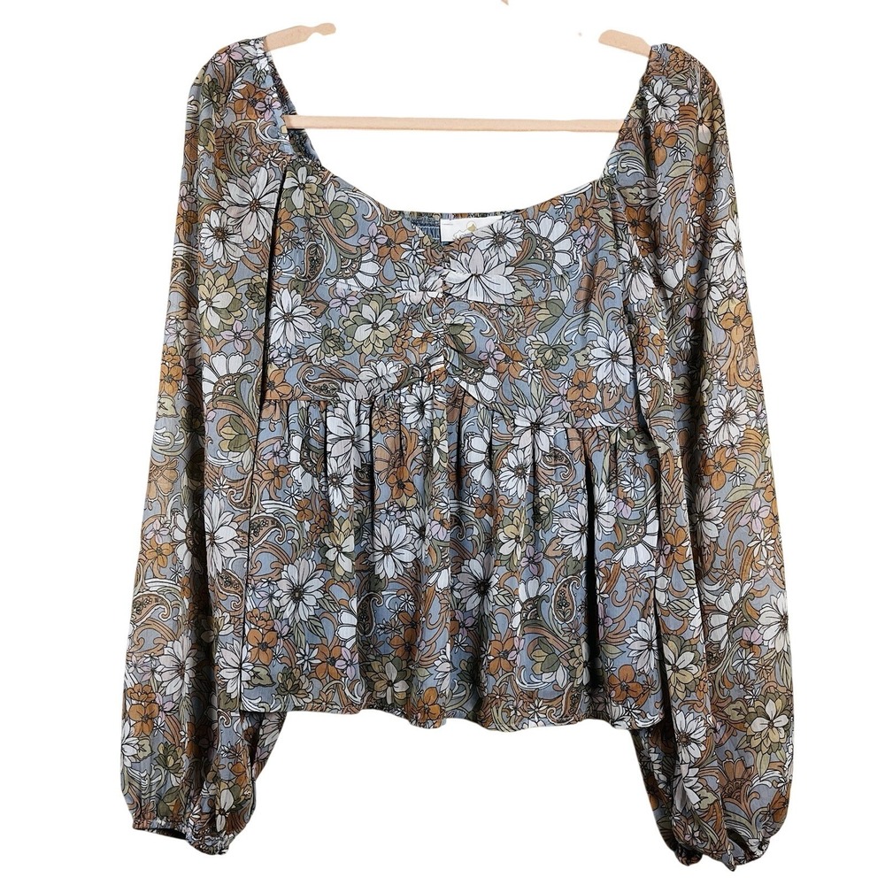 Sunland 17 Floral Square Neck Puff Sleeve Retro‎ Boho Blouse